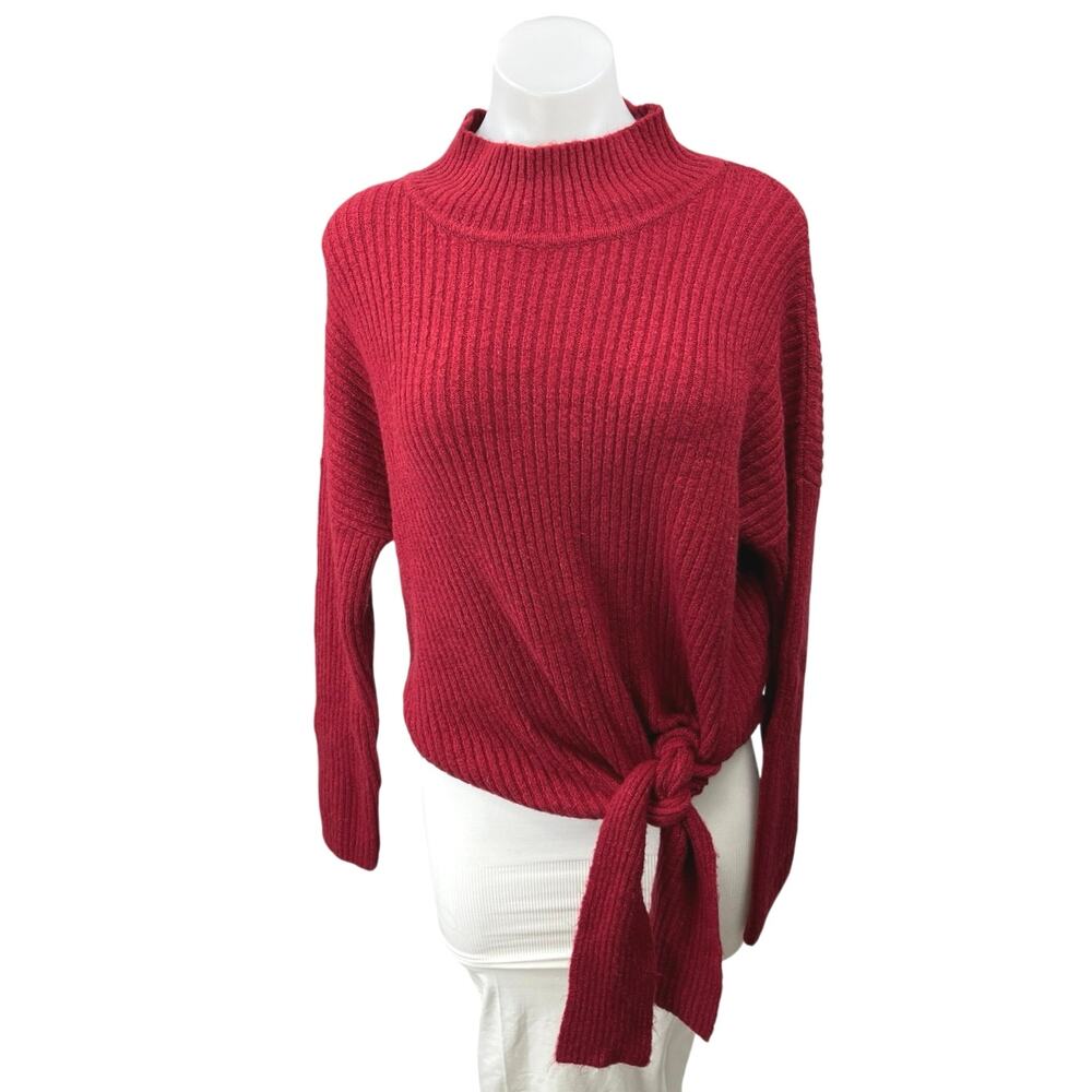JohnPaulRichard Women's Red Ribbed Knit Turtleneck Tie Hem Sweater Top Size M